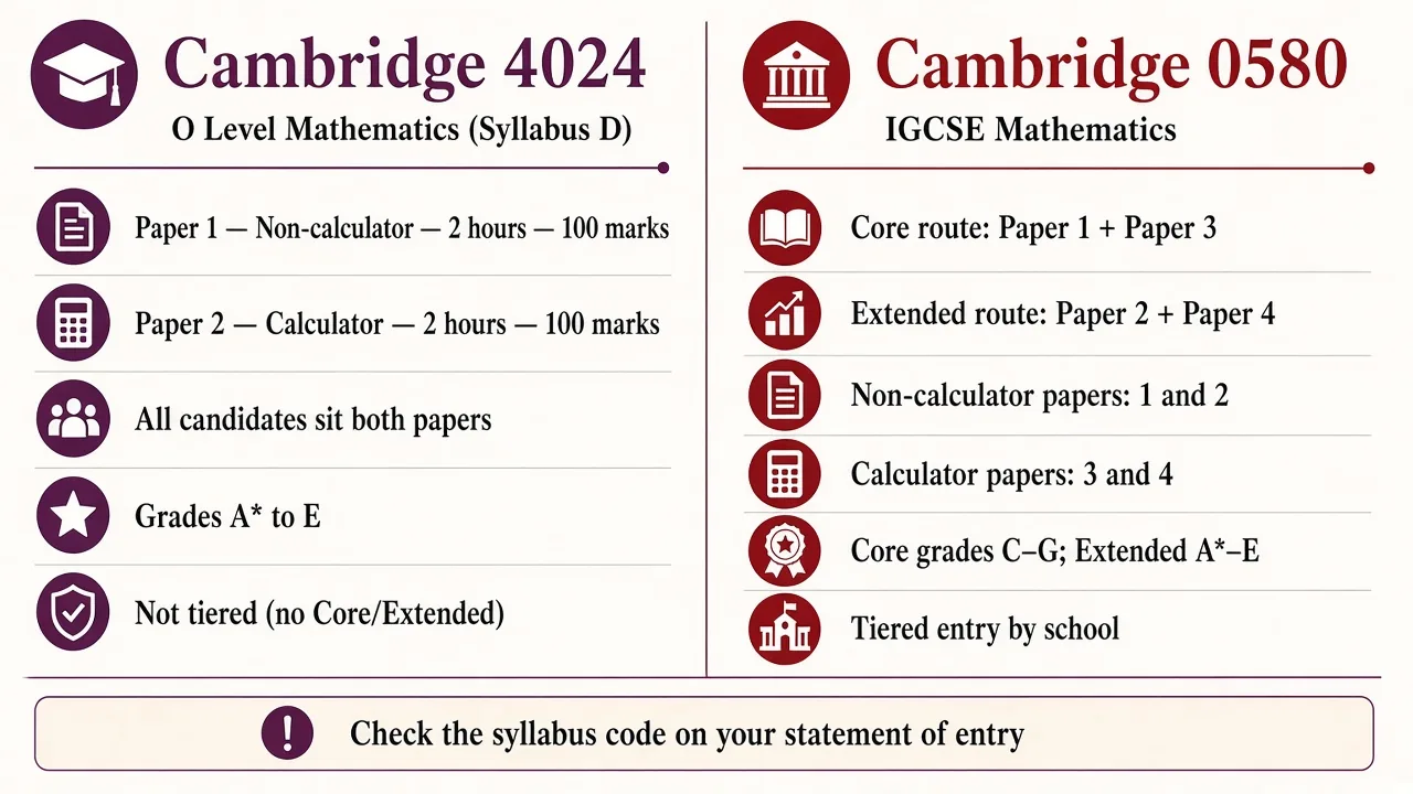 Side-by-side comparison of Cambridge 4024 O Level and 0580 IGCSE Extended Mathematics assessment structure