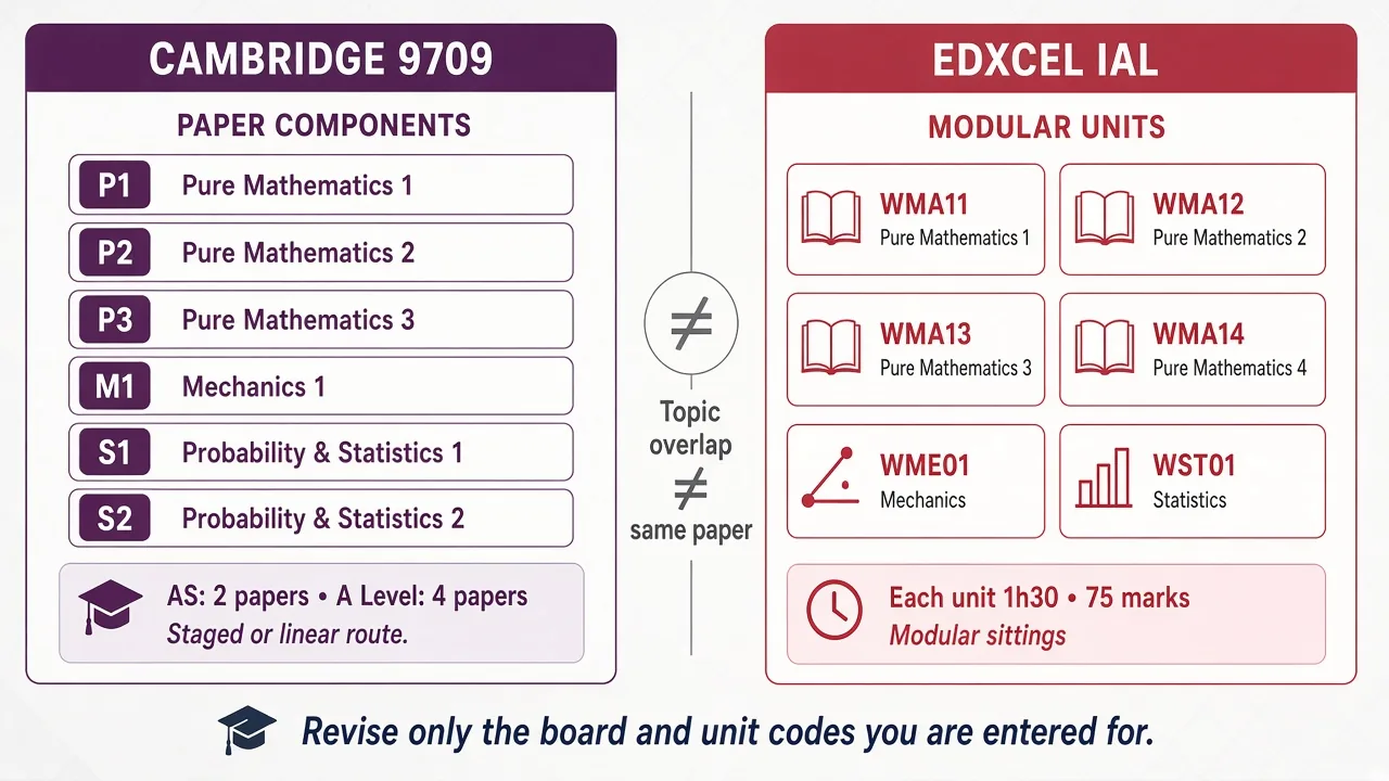 Comparison diagram of Cambridge 9709 paper components versus Edexcel IAL modular units